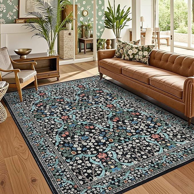 GarveeHome Floral Area Rugs 5x7, Washable Rug for Living Room, Bedroom, Low Pile Non Slip Stain Resistance Indoor Boho Carpet Mat for Farmhouse, Dining Room, Office, Black