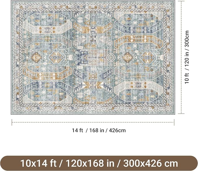befbee 10x14 Area Rugs,Ultra-Thin Washable Rugs for Living Room,Non-Slip Lightweight Foldable Area Rug,Stain Resistant Vintage Large Rugs(Blue/Gold,10'x14')