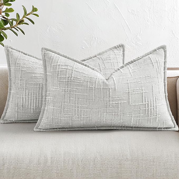 decorUhome Chenille Throw Pillow Covers 12x20 Set of 2, Soft Textured Slubby Modern Decorative Pillow Covers with Elegant Design for Couch, Sofa, Living Room, Light Grey