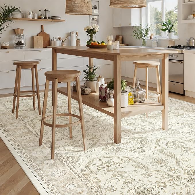 Soalmost Area Rug 10x12 Vintage Washable Living Room Large Carpet Non Slip Bedroom Indoor Office Dining Room Low Pile Thin Rug Beige/Brown