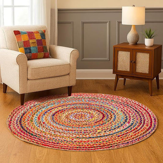 Hausattire Bohemian Braided Rug 4' Round - Multi Color, Circle Farmhouse Jute Cotton Area Rag Rug for Kitchen, Kids Bedroom, Playroom | Colorful Hand Woven Reversible Pet Friendly Carpet