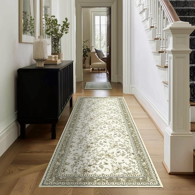 Beige Tan Neutral Boho Washable 3x8 Extra Long Hallway Runner Rug, Extra Large Kitchen Floor Rug Indoor Entryway Non-Slip Low Pile Machine Washable, Farmhouse Light Taupe Pattern Floral Design