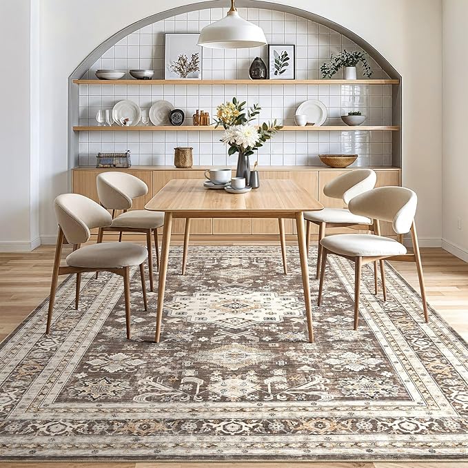 Vintage Living Room Area Rug 10x14 - Large Soft Washable Oriental Traditional Distressed Farmhouse Rugs for Bedroom - Indoor Floor Accent Carpet for Home Office House Decor - Dark Brown