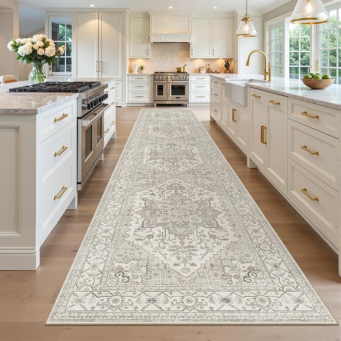 Madane Hallway Runner Rug 3x14 Washable Kitchen Runners Long, Beige/Brown | Vintage Non-Slip Wide Area Rugs 14ft for Entryway, Soft Thin Low-Pile Farmhouse Indoor Floor Carpet for Living Room Bedroom