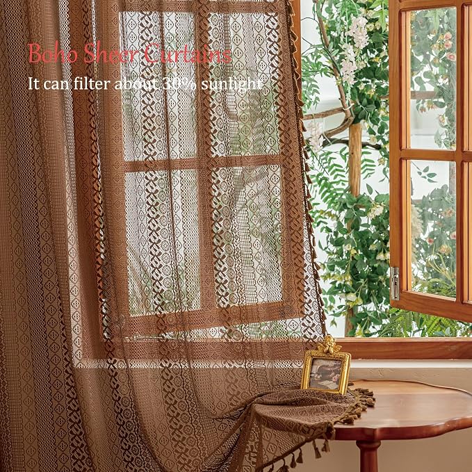 Sutuo Home Boho Lace Curtains 2 Panels Set for Living Room Bedroom,Semi Sheer Window Curtains Drape Privacy Country Vintage Tassels Victorian Style Taupe Rustic Rod Pocket Decor, 50" x 96" Dark Coffee