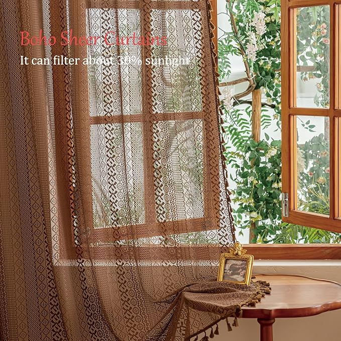 Sutuo Home Caramel Boho Curtains 2 Panels, Sheer Lace Curtains 90 Inches Long for Bedroom Kitchen Bohemian Crochet Vintage Tassels Window Treatments Rustic Geometry Rod Pocket, 50" x 90" Dark Coffee