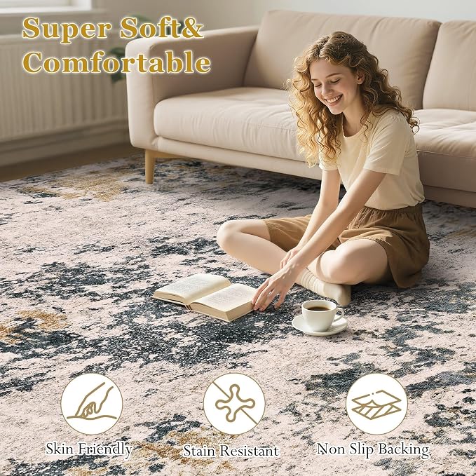 Area Rugs for Living Room: 12x15 Abstract Washable Rug Modern Neutral Large Soft Stain Resistant Non-Slip Backing Machine Table for Bedroom Dining Room Indoor Home Office Carpet - Grey Gold
