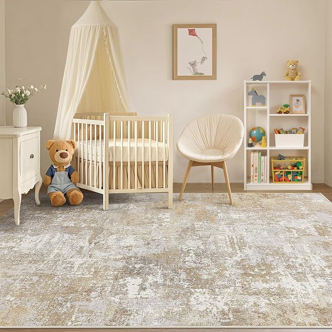 Tortania Washable 5x7 Area Rug for Living Room: Modern Abstract Neutral Large Soft Thin Rugs - Non Slip Indoor Carpet for Bedroom Dining Room Office Nursery Home Floor Decoration - Brown Grey