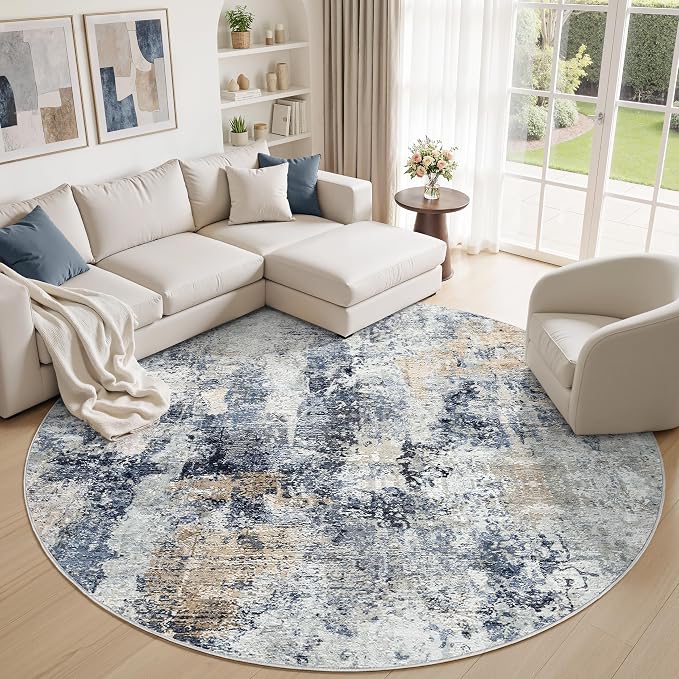 WITSHOCK Area Rugs 8ft Round Living Room Rug - Washable Neutral Soft Low Pile Non-Slip Modern Abstract Thin Large Indoor Carpet for Bedroom Dining Room Nursery Office - Dark Blue Brown