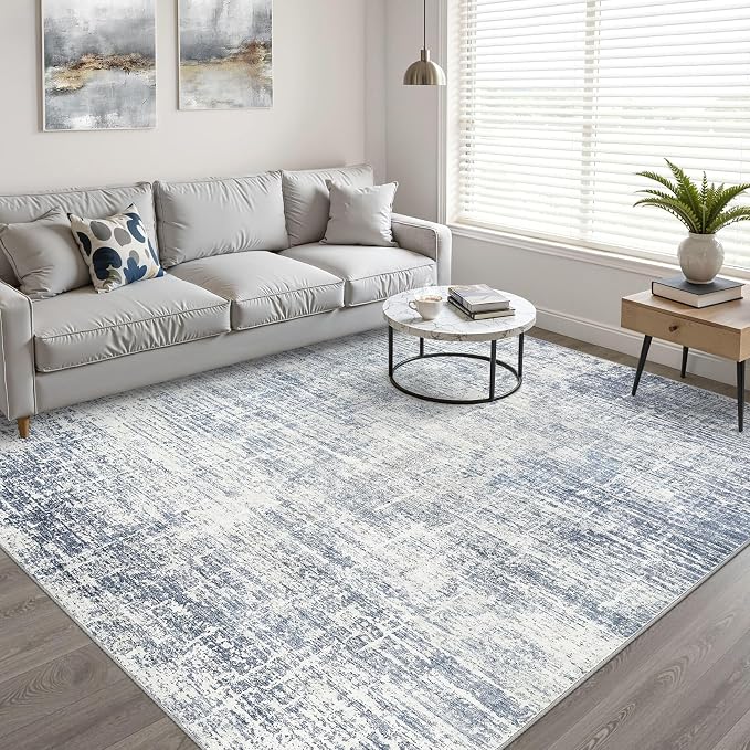 12x18 Rug for Living Room: Washable Large Neutral Blue Area Rug Abstract Soft Modern Stain Resistant Indoor Floor Non-Slip Carpet for Bedroom Nursery Kids Office Playroom Dining Room Under Table Home