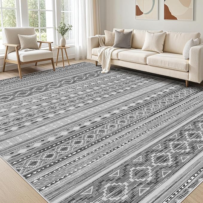 cotiled 7x9 Area Rugs Living Room Rug: Washable Boho Rugs with Non Slip Backing Large Soft Indoor Stain Resistant Carpet for Bedroom Farmhouse Dining Room Lightweight Home Decor Beige Grey