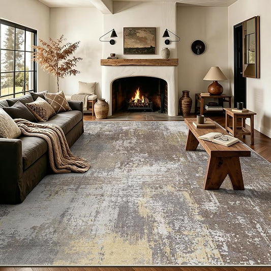 8x10 Rugs for Living Room - Modern Abstract Washable Rug, Ultra Soft Non Slip Low Pile Large Rugs, Floor Carpet for Bedroom Dining Room Office Laundry Nursery Home（Taupe）