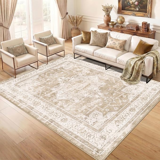 5x7 Area Rug for Living Room-Vintage Farmhouse Boho Floral Neutral Washable Stain Resistant Indoor Carpet for Bedroom Office and Home Decor(Beige&Brown)