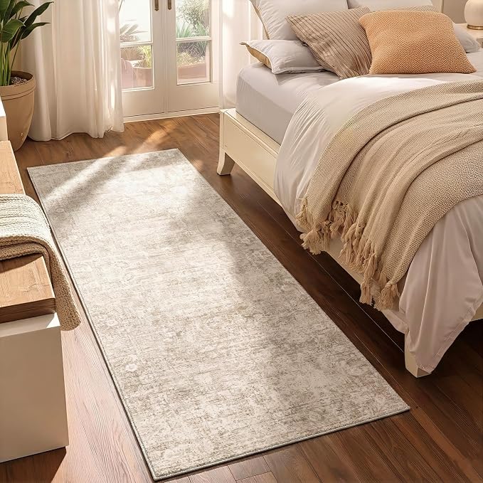 Homemate Washable Rug 2x6 Area Rugs - Vintage Faux Wool Rugs for Living Room Bedroom Dining Room - Non Slip Foldable Carpet Indoor Area Rug for Home Decor（2'x6', Beige