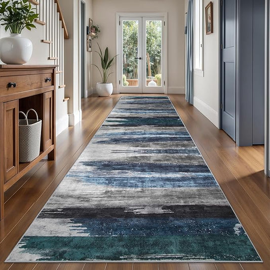 Ciicool 2x12 Washable Runner Rug, Modern Abstract Hallway Rugs Runner, Non-Slip Thin Accent Rug Lightweight Navy Grey Print Distressed Carpet for Laundry Entryway Bedroom Kitchen Indoor