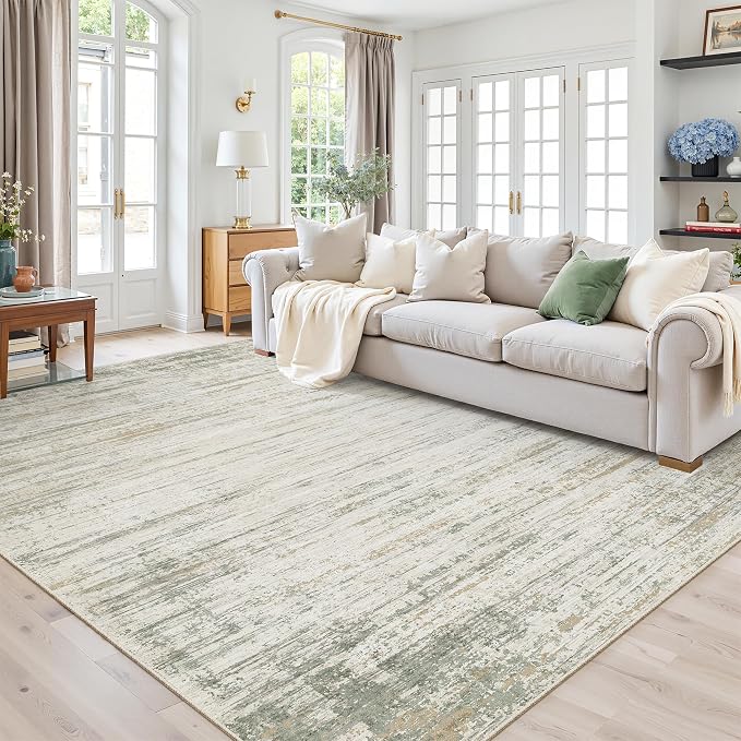 Area Rugs 6x9 Living Room, Washable Rug Modern Abstract Large Rugs Neutral Rug Stain Resistant Indoor Carpet for Bedroom Kitchen Dining Room Nursery Home Office Rugs(Green Brown,6'x9')