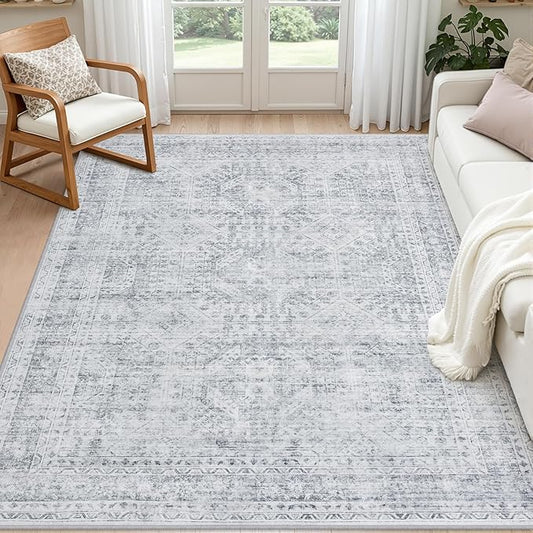 5x7 Area Rugs for Living Room: Vintage Boho Neutral Washable Rug Indoor Soft Large Area Rug Carpet for Bedroom Nursery Farmhouse Dining Room Office Floor Non-Slip Low Pile Under Table Rug Gray