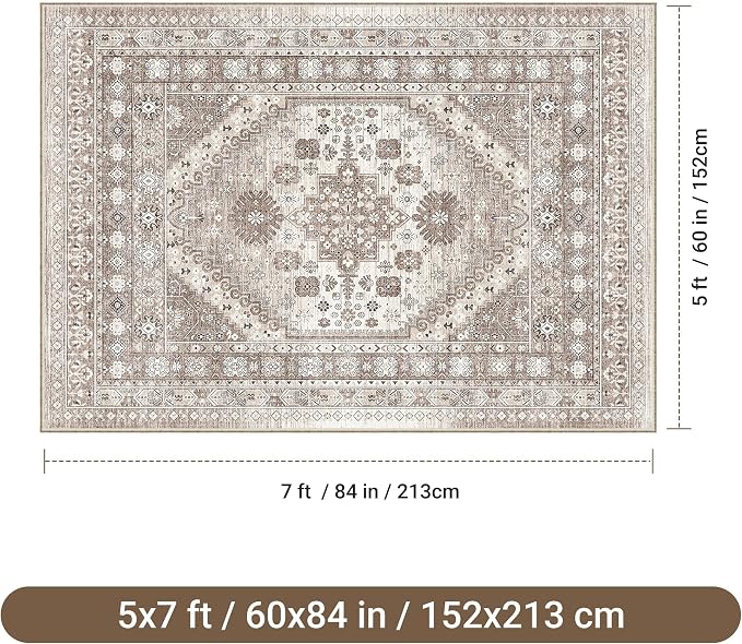 befbee 5x7 Area Rugs for Living Room,Stain Resistant Washable Rug,Non-Slip Backing Rugs for Bedroom,Kitchen,Printed Vintage Home Decor Rug (Brown/Beige, 5'x7')