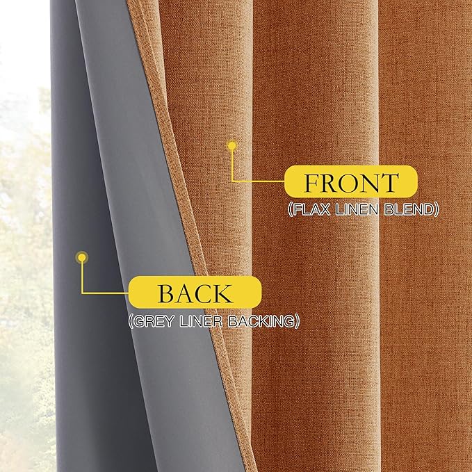 NICETOWN 100% Blackout Burnt Orange Curtains, W52 x L90 in, Thick Linen Blend Rod Pocket & Back Tab, Thermal Insulated Draperies with Grey Liner for Bedroom, Living Room(Set of 2, Pumpkin)