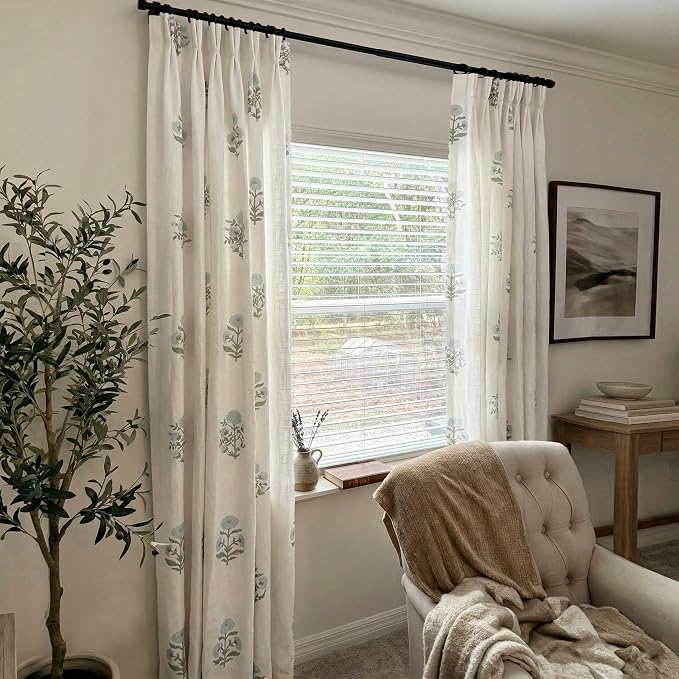 Pinch Pleated Floral Linen Curtains for Living Room, 90 Inch Blue and Green Pattern Semi Sheer Privacy Sliding Glass Door Curtains, Farmhouse Vintage Cottage Core Printed Sunroom Curtains