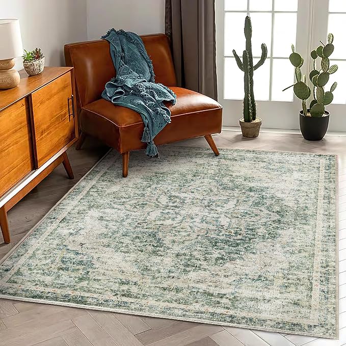CHAMPLANT Washable Area Rug 4'x6' Vintage Traditional Floor Cover Foldable Thin Rugs Retro Kitchen Indoor Distressed Non Slip Carpet Floral Print Mat Bedroom Living Room
