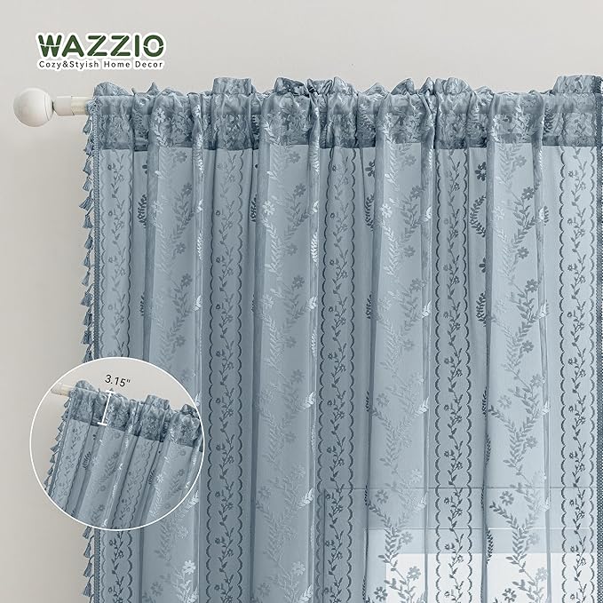 WAZZIO Boho Lace Curtains 2 Panels 63 Inch -Victorian Sheer Panel Drape French Country Floral Pattern & Tassel Light Filtering Privacy for Bedroom Dining Living Room,Coastal Decor,Dusty Blue,W52x L63