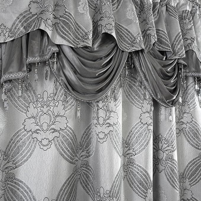 Petrichor Elegant Curtains with Gold Silver Threads 2 Panels Set - Luxury Window Treatment Attached Valance, Sheer Backing, and 2 Tie Backs for Bedroom and Living Room, 54x63 inches, Silver