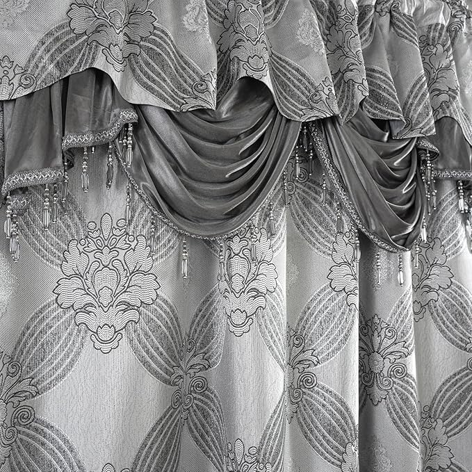 Petrichor Elegant Curtains with Gold Silver Threads 2 Panels Set - Luxury Window Treatment Attached Valance, Sheer Backing, and 2 Tie Backs for Bedroom and Living Room, 54x95 inches, Silver