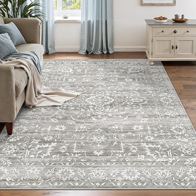Soalmost 5x7 Area Rugs for Living Room, Washable Bedroom Soft Rug Grey | Vintage Floral Non-Slip Low Pile Throw Large Neutral Carpet for Dining Room Kitchen Home Office Nursery 5'x7'