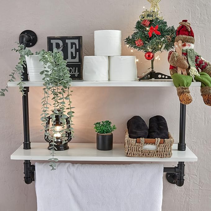 ROGMARS White Floating Wall Shelves Industrial Pipe Shelving 30 Inch | Wood Bathroom Shelves with Towel Bar Over Toilet, Rustic Farmhouse Pipe Wall Shelves for Kitchen Living Room