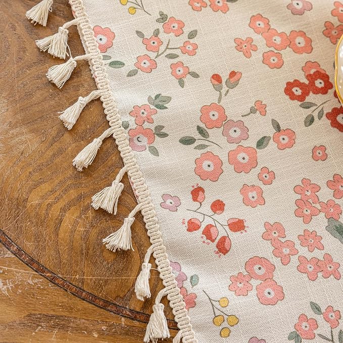 OYX Boho Floral Curtains with Tassels, Light Filtering Linen Curtains, Rod Pocket Farmhouse Flower Print Window Drapes for Bedroom Living Room, 2 Panels, 52’’W X84’’L
