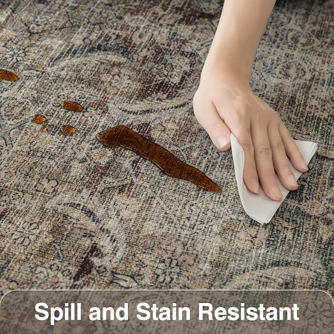 FMFUNCTEX 6x9 Washable Area Rug Brown Vintage Neutral Distressed Large Non Slip Carpet for Living Room Bedroom Soft Low Pile Indoor Mat Retro Throw Rug for Dining Room Kitchen Office Nursery, Multi