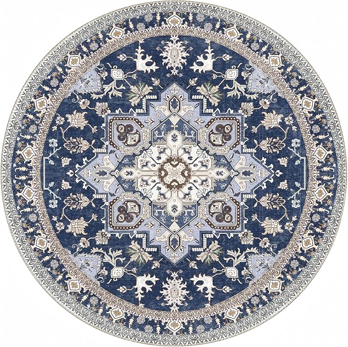 OPPODREAM Soft Round Rug 5ft, Washable Circle Rug 5ft with Non Slip Backing Play Room, Low-Pile Carpet 5 ft, Faux Cashmere Throw Carpet, Navy Blue & Gold
