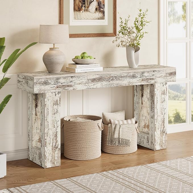 Little Tree 63-Inch Long Console Tables for Entryway, Large Sofa Table Behind Couch, Wooden Entry Foyer Hallway Table, Modern Console Sofa Tables for Living Room, Distressed White