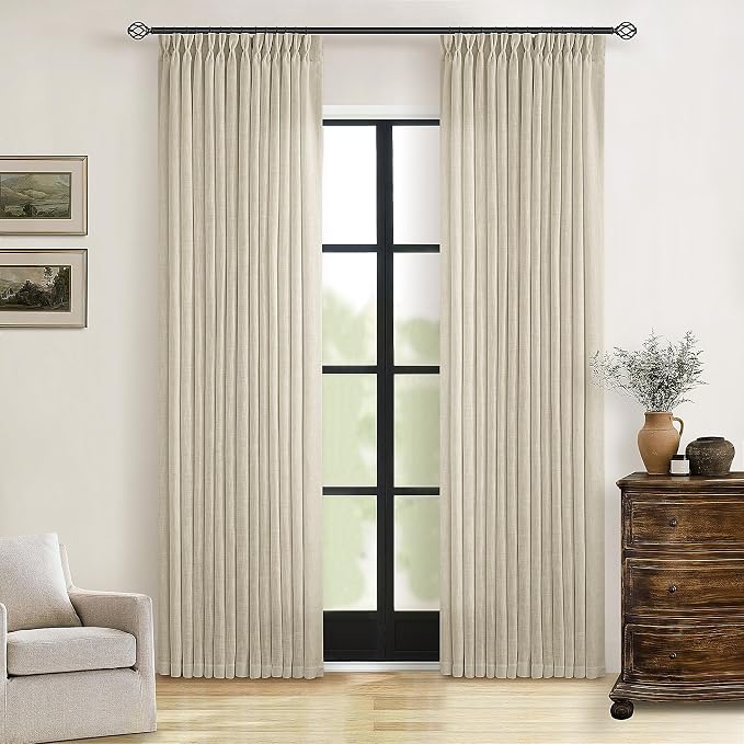 TWODRAPES 108 Inch Linen Curtains 2 Panels Set Pinch Pleated Living Room Bedroom Memory Training Shaped Semi Sheer Neutral Beige Tan Flax Burlap Pleat Drapes Hooks Rings Light Filtering Window Curtain