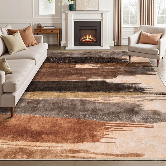 Ciicool Modern Abstract Brown Grey Rug for Living Room, 6'x9' Machine Washable Area Rug Non-Slip Rug, Low-Pile Contemporary Indoor Dining Floor Carpet for Bedroom Office Under Table Home Decor