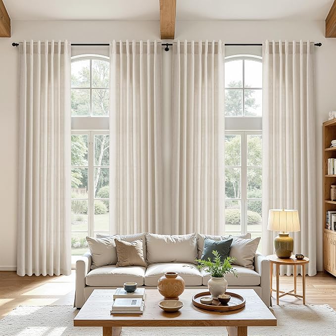 Aersas Boho Linen Curtains 108 Inches Length for Living Room Flax Texture Wave Fabric Semi Sheer with Rod Pocket Back Tab for Bedroom Balcony Light Filtering Neutral Home Decor 52x108