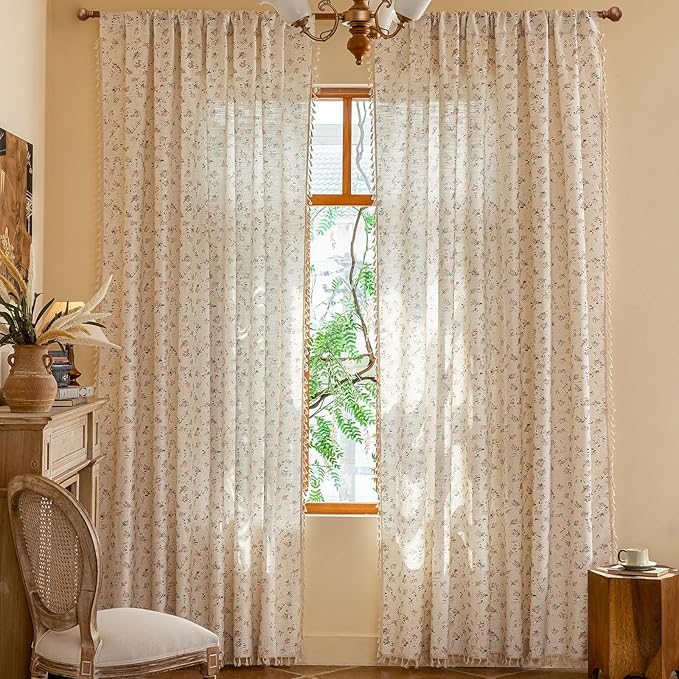 OYX Floral 96 Inch Curtains for Living Room Flower Drapes Bedroom Semi Sheer Rod Pocket Floor Length Window Curtains 2 Panel Sets Boho Farmhouse Vintage Light Filtering Window Treatments