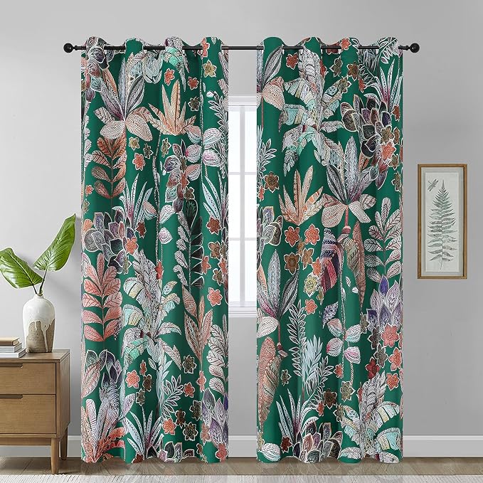 Estelar Textiler Green Leaves and Petals Pattern Boho Blackout Curtains 84 inches Long 2 Panels for Living Room,Grommet Thermal Insulated Room Darkening Window Curtains & Drapes fo Bedroom,52x84 Inch