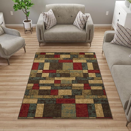 Ottomanson 5' x 6'6" Rugs for Living Room Boxes Area Rug for Bedroom - Non Slip Durable Large Floor Carpet for High Traffic Areas - Indoor Rug for Dining Room Kitchen Kids Playroom, Multicolor