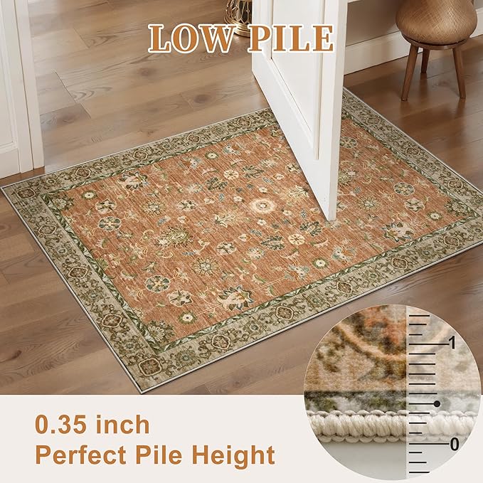 Tangsoo Floral Small Rug 2x3 Washable Rug for Entryways Vintage Non-Slip Area Rugs Terracotta Entry Rugs Distressed Floor Carpet Soft Low Pile Door Mat for Entrance Bedroom Kitchen Foyer Decor