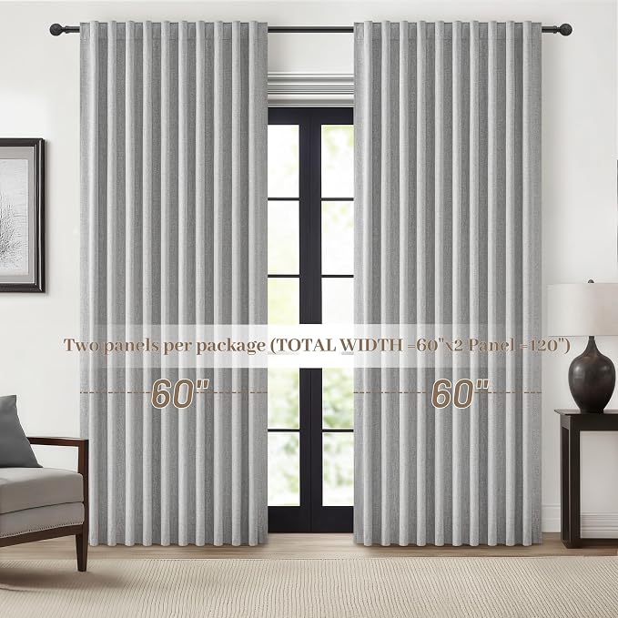 Blackout Curtains 60 Inches Extra Wide Linen Curtains 84 Inch Length for Living Room, Pleated Farmhouse Bedroom Thermal Drapes for Winter Thick Large Window Energy Efficient(60"W x 84"L 2 Panels Grey)