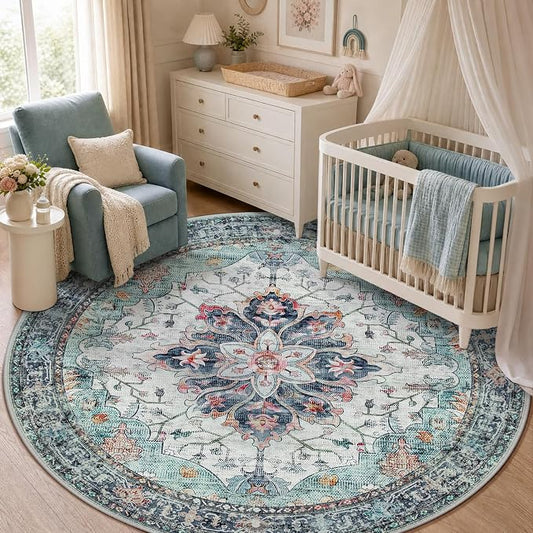 RELEANY Area Rugs Round 5ft Washable Non-Slip, Floral Vintage Distress Medallion Carpet for Living Room Bedroom Dining Room, Green Navy Blue White Red Teal