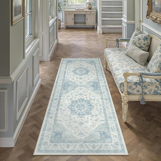 PureCozy Blue Runner Rug 2x6 Washable Vintage Carpet for Hallway Kitchen Soft Retro Low Pile Thin Indoor Runner Non Slip Oriental Medallion Long Throw Rug for Bathroom Bedroom Laundry Dining Room