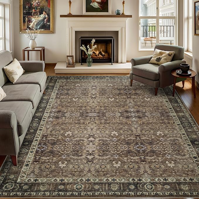 8x10 Vintage Washable Area Rug for Living Room,Non Slip Boho Carpet Non-Shedding Large Area Rug Soft Indoor Stain Resistant Rug Floral Print Mat for Bedroom Dining Room Brown Floral