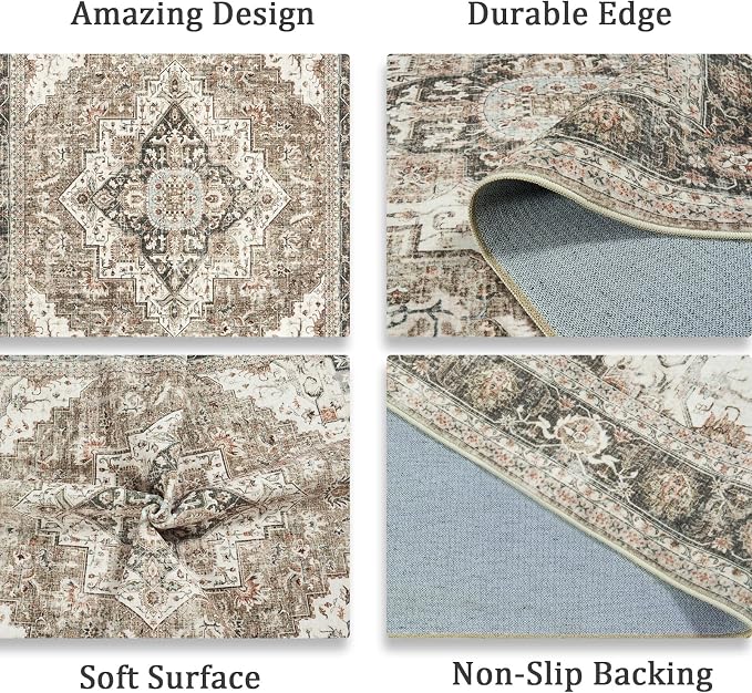 Roxstand 3x5 Area Rug - Washable Kitchen Rugs Non Slip,Soft Low Pile Small Rug for Entryway, Stain Resistant Vintage Area Rugs for Home Decor(Brown/Beige, 3'x5')