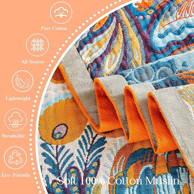 Boho Blanket Soft Muslin Boho Throw Blanket 100% Cotton Blanket All Seasons Reversible Rustic Floral Printed Vintage Rustic Farmhouse Decor Throw for Sofa Couch Chair (Yellow, 50"x60")