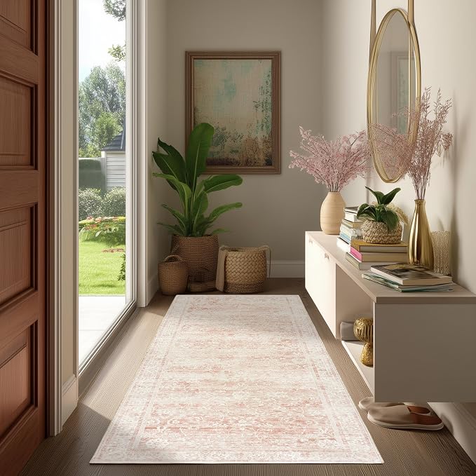 BILEEHOME Pink Boho Runner Rugs for Hallway Kitchen Washable Non Slip Bed Side Bedroom Rug 3x7 Light Pink Low Pile Vintage Floral Rugs for Bathroom Stain Resistant Carpet for Laundry Room 3 x 7