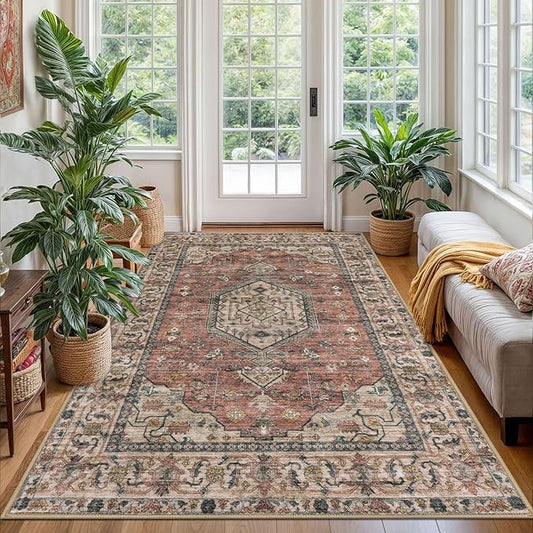 KUTA Area Rug 4x6 Living Room, Washable Rugs Oriental Tribal Terracotta, Non-Slip Dining Room Carpet, Soft Low Pile Cozy Printed Medallion Throw for Bedroom Kitchen