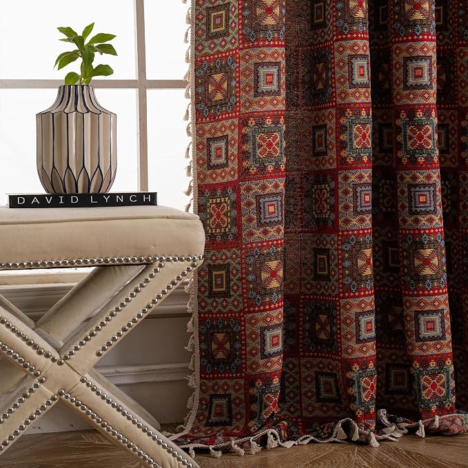 ENJOYBRIDAL Patchwork 63 Inch Curtains for Living Room Boho Drapes Bedroom Jacquard Bohemian Short Window Curtains 2 Panel Sets Semi Sheer Rod Pocket Red Cute Geometric Patterned Window Treatments